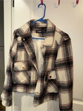 Ci Sono Cream and Black Plaid Teddy Jacket